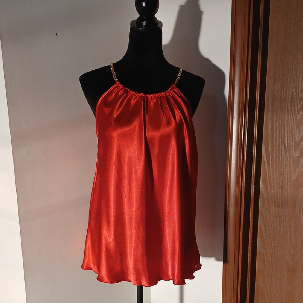 Nicole Miller Scarlet Satin Camisole with Gold Straps
